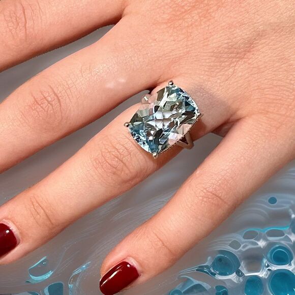 Natural Solitaire Blue Topaz Ring 6.5 14k WG 19.58 Cts Certified $3,950 310546 - Picture 6 of 16